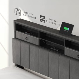 YITAHOME Queen Size Bed Frame with Storage Headboard, LED Bed Frame with Drawers and Charging Station, Platform Bed with Sturdy Metal Support, No Box Spring Needed, Grey