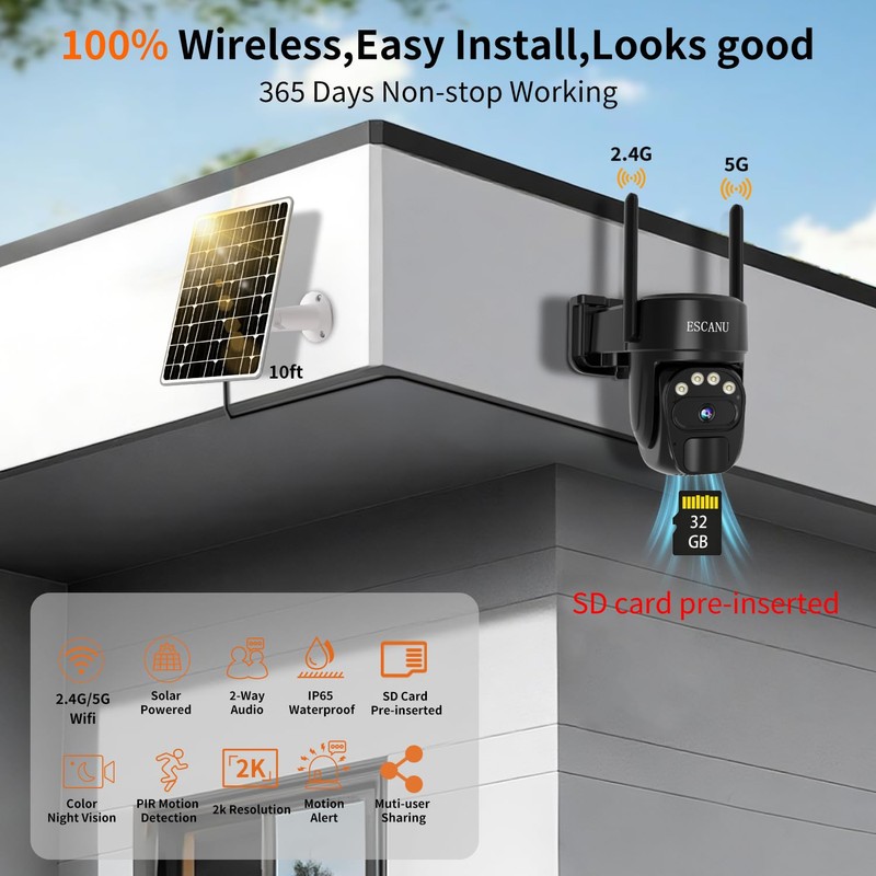 ESCANU Security Cameras Wirelss Outdoor Solar Powered for Home Security,360