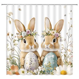 Fsfusvk Happy Easter Shower Curtain Rabbit Bunny Eggs Spring Cute Floral Plant Rustic Farmhouse Flower Egg Farm Animal Holiday Polyester Fabric Bathroom Curtain Sets Hooks 70 x 70 Inch