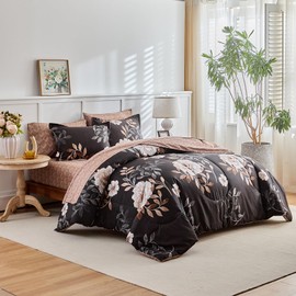 Joyreap King Comforter Set- 7 Pieces Floral Bed in a Bag, White Flowers on Black Design Comforter Sheet Set, Soft n Cozy Microfiber Bedding Set for All Seasons
