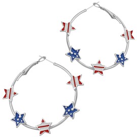 4th of July Earrings for Women Red White and Blue American Flag USA Star Hoop Earring Independence Day Patriotic Earrings Jewelry Gift Fourth of July Outfits Accessories Party Decorations (silver)