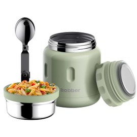 BOBBER 16 oz Insulated Stainless Steel Thermo for Hot Food, Extra-Wide Mouth Soup Container with Spoon and Bowl - Keeps Rice and Pasta Hot for 10 Hours and Salads Cold for 15 Hours (Green)