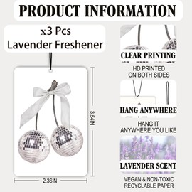 ChenCraty Black Coquette Bow Lavender Car Air Freshener 3 Pcs, Retro Girly Heart Disco Ball Ribbon Air Freshener Hanging Decor for Cars Closet Drawer Books, Cute Areadeodorizer Gifts for Women Girls