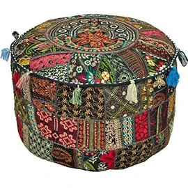 JaipurHandloom Black Indian Pouf Stool Vintage Patchwork Embellished With Patchwork Living Room Ottoman Cover, 46 X 33 Cm or 18X13 inches by Jaipur Handloom