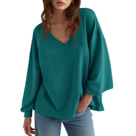 Fisoew Womens Oversized Sweatshirts Casual V Neck Lantern Long Sleeve Shirts Loose Fall Tunics Pullover Tops Dark Green