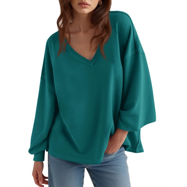 Fisoew Womens Oversized Sweatshirts Casual V Neck Lantern Long Sleeve