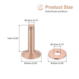 sourcing map 50 Set Copper Rivets and Burrs, 10x3.3x14mm Solid Leather Copper Rivet Fastener for Leather DIY Craft Supplies, Copper Tone