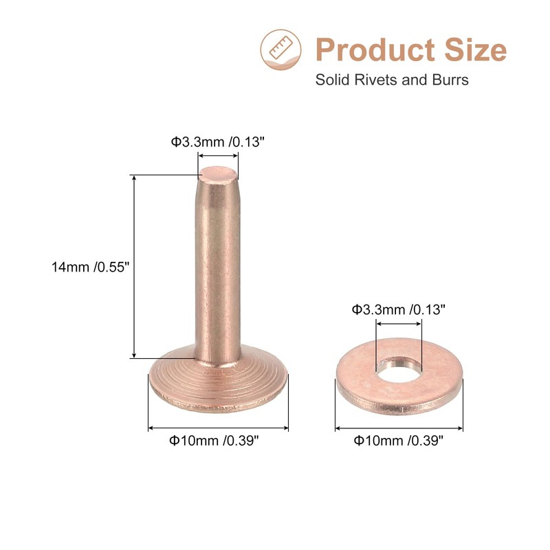 sourcing map 50 Set Copper Rivets and Burrs, 10x3.3x14mm Solid