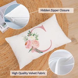 Alphabet Decorative Pillow Covers 12x20 Inch Pink Letter C Pillow Covers Floral Initial Throw Pillow Covers Soft White Velvet Square Cushion Covers Pillow Cases Home Couch Sofa Cushion Cases (C)