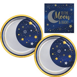 Starry Night Party Supplies Kit | Bundle Includes Dinner Plates and Lunch Napkins for 16 People | To The Moon & Back! Design