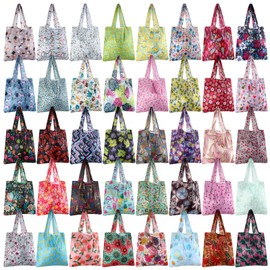 Geyee 40 Pcs Grocery Bags Reusable Shopping Bags Bulk Foldable Kitchen Bags Waterproof Heavy Duty Tote Bag with Pouch Handle (Elegant Style)