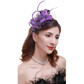 Cizoe Fascinators Hats for Women Derby Headpiece Tea Party Hats Feather Wedding Bridal Headware(5-Purple)