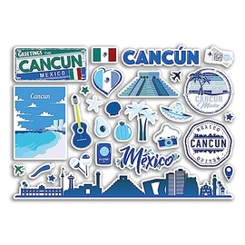 A5 Sticker Sheet Cancun Landmarks Vinyl Stickers - Blue Mexican Mexico Beach Airport Skyline Scrapbook Travel Holiday City Luggage #80772