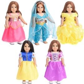 Sweet Dolly Doll Clothes 5Pc Princess Doll Costume Jasmine Rapunzel Aurora Belle Doll Dress for 18 Inch Doll
