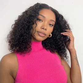 14 INCH Water Wave Lace Front Wigs Human Hair 200% Density Short Curly Bob Wig Human Hair 13x4 Hd Lace Frontal Wigs for Black Women Deep Wave Pre Plucked Glueless Wig Natural Black