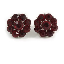 18mm D/Ruby Red Crystal Flower Stud Earrings/Rhodium Plating