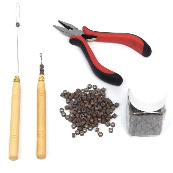 Hair Extension Remove Pliers + Pulling Hook + Bead Device Tool Kits + 500pcs Micro Rings (Brown Beads)
