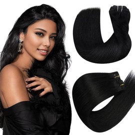 Hetto Black Clip in Hair Extensions Real Human Hair Clip in Extensions Remy Human Hair Clip on Hair Extensions Jet Black Full Head #1 80g 16Inch