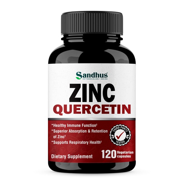 Sandhu's Zinc Quercetin 120 Vegetarian Capsules – Zinc Supplements for Antioxidant Immune Support Zinc for Men and Women – Gluten, Soy, Dairy Free