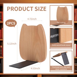 UgyDuky 2Pcs Wood Bookends for Shelves Decorative Book Ends Creative Cartoon Cat Shape Bookend Non-Slip Book Stopper for Office Home School Library Decoration Book Support