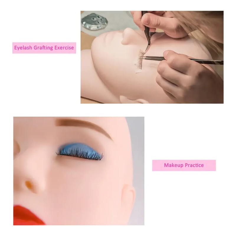 Kit Práctica Extensión Pestañas Rosa Curva C Maniquí Pinzas Cepillos