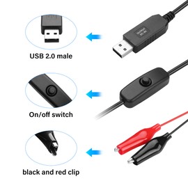 PNGKNYOCN USB to 9V Alligators Clips Cable with Power Control Button,USB Male to Alligator Clips Voltage Step Up Converter Cable (2 Pack)