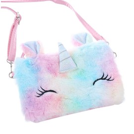 Little Girls Kids Toddler Unicorn Tie Dye Fuzzy Plush Crossbody Shoulder Purse Rainbow Faux Fur Handbag