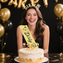 Atoden 30th Birthday Decorations for Her Dirty 30 Headband Queen Crown Tiara Dirty Thirty Sash Gifts for 30 Year Old Women Gold Pearl