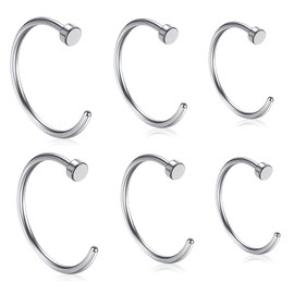 6pcs Stainless Steel Nose Ring C Shape,Stainless Steel Smooth Nose Ring Silver Hoops,Fake Nose Piercing Fake Piercings No Pierced Jewellery Hoop Circular Lip Nose Jewellery for Women Men