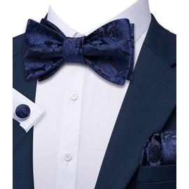 YOHOWA Mens Self Tie Bow Ties Dark Blue Black Floral Pocket Square Cufflinks Set Classic Woven Formal Wedding Tuxedo Party
