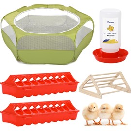 Pawaboo 5-in-1 Chicken Brooder Box for Chick Starter Kit, Includes Pet Cage Tent, Chicks Perch, Chick Feeder, 1.1L Chick Waterer, Baby Chick Supplies (Brooder Set), Green + Red + Wood Color