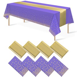 8Pack Disposable Plastic Tablecloths and Satin Table Runner Set Purple and Gold Dot Tablecloth Gold Satin Table Runner for Wedding Birthday Baby Shower Anniversary Christmas New Year Party Supplies