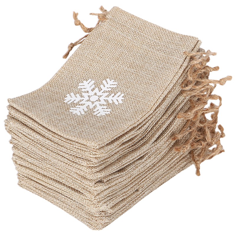 25Pcs Drawstring Bag Like Linen Snow Pattern Gift Bag Christmas