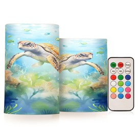 ALAZA Ocean Sea Turtle Fish Flickering Flameless Candles Battery Operated with Remote Timer,Tea Light Candles LED Pillar Votive Candles Set of 2 for Outdoor Indoor Decorations