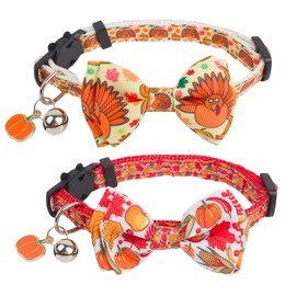ADOGGYGO Thanksgiving Cat Collars with Bow Bell, Breakaway Fall Kitten Collar with Bowtie Pumpkin Turkey Collar for Girl Boy Cats Kittens