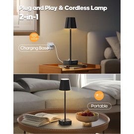 GOODEA 2 Pack Cordless Table Lamp with Charging Base, Rechargeable 6000mAh Battery Operated Lamp, 3 Color Dimmable Portable Table Light for Restaurant, Bedroom, Home, Kitchen Counter