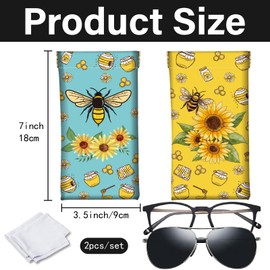 CREATCABIN 2Pcs Leather Glasses Case Portable Slim Bee Sunflower Sunglasses Case Bag Squeeze Top Soft Eyeglasses Holder Pouch Travel Waterproof with Cleaning Cloth Gift for Women Men Holiday 7x3.5Inch