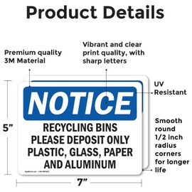 (2 Pack) Recycling Bins Please Deposit Only Plastic OSHA Notice Sign 7 Inch X 5 Inch Vinyl Label Decal Sticker Weather Resistant, UV Protected for Workplace, Business, and Construction Site, Made in the USA