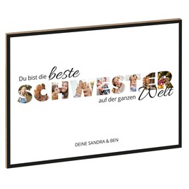 GRAVURZEILE Holzschild mit Foto - Familie Design - Personalisiert mit Namen und eigenen Fotos - Personalisiertes Foto Geschenk zum selbst gestalten für Sie & Ihn - DIN A4 Format - Farbe: Schwester