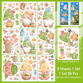 Zindoo 9 Sheet Spring Summer Double Sided Window Clings, 86Pcs Gnomes Potted Plants Flowers Mushroom Butterfly Floral Window Decals, Removable Static Vinyl Window Stickers for Glass Home Door