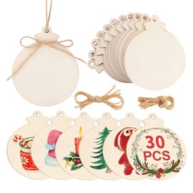 30Pcs 3.6 Inch Unfinished Wooden Circles with Holes, Round Wooden Discs Slices for Crafts for Crafts, Door Hanger, Gift Tags, Painting, Christmas Home Party Hanging Decoration, Comes with twine