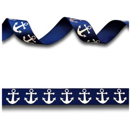 2 Yards (1.82 metres) Navy Blue & Silver Foil Anchor Grosgrain Ribbon 22mm Wide, Ideal for Craft Projects, Scrapbooking, DIY Hair Bows, Present Wrapping etc.
