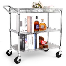 YNN Chrome Utility Rolling Cart,990Lbs 3 Tier Heavy Duty Metal Cart with Wheels & Handle NSF Wheeled Cart 31" D x 18" W x 33" H for Bedroom, Bathroom, Kitchen,Garden,Decor,Serving