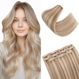 S-noilite Clip-In Real Hair Extensions, Light Golden Brown/Bleached Blonde, 55 cm, 86 g, Straight, 3 Pieces