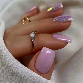 Light Purple Press on Nails Short Coffin Fake Nails Solid Color False Nails with Aurora Glitter Designs Full Cover Stick on Nails Acrylic Square Artificial Nails Glue on Nails for Women Nail Art 24Pcs
