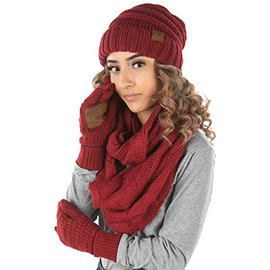 Oversized Beanie, Glove, & Scarf Bundle: Burgundy