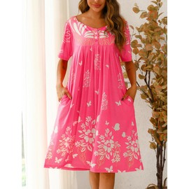 House Dress for Women with Pocket Summer Floral Midi Dress Short Sleeve Mumu Dress Soft Patio Dress Loose Nightgown Sleepwear Pink L
