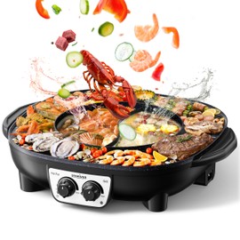Stariver Hot Pot Electric with Grill 2 in 1, Indoor Korean BBQ & Shabu Shabu, Features Easy-clean Non-stick Coating, Dual Controls, 1800W Fast Heating, Perfect for Family Gatherings or Friends Parties