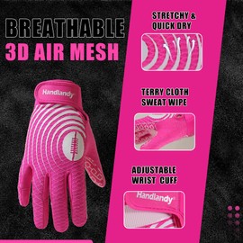 HANDLANDY Youth Football Gloves, Sticky Wide Receiver Gloves for Kids & Adult, Pink Stretch Fit Football Gloves