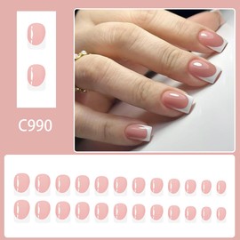 White French Tip Press on Nails Short Square Fake Nails with Designs Daily Wear False Nails Press ons Daily Full Cover Glue on Nails Glossy Nude Acrylic Stick on Nail for Women Manicure 24Pcs